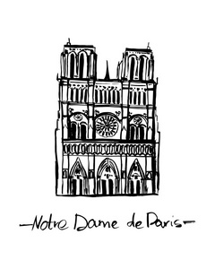 圣母玛利亚巴黎, 法国矢量孤立手绘墨水插图在白色背景黑色的颜色
