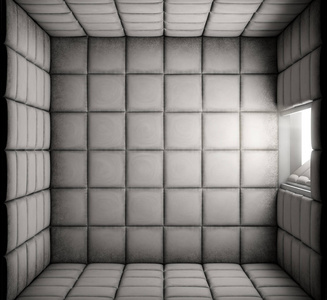 一个空的白色填充细胞与打开的门在精神病院3d 渲染