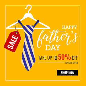 快乐父亲日销售与衣架和领带在黄色背景