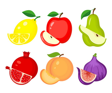 一套不同的水果。柠檬, 苹果, 梨, 石榴, 桃子
