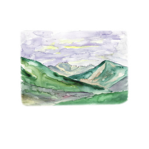 有黎明的高山景观和阴雨的云彩水彩素描