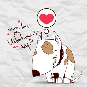 情人节贺卡与可爱的卡通小狗和纸张背景上的心