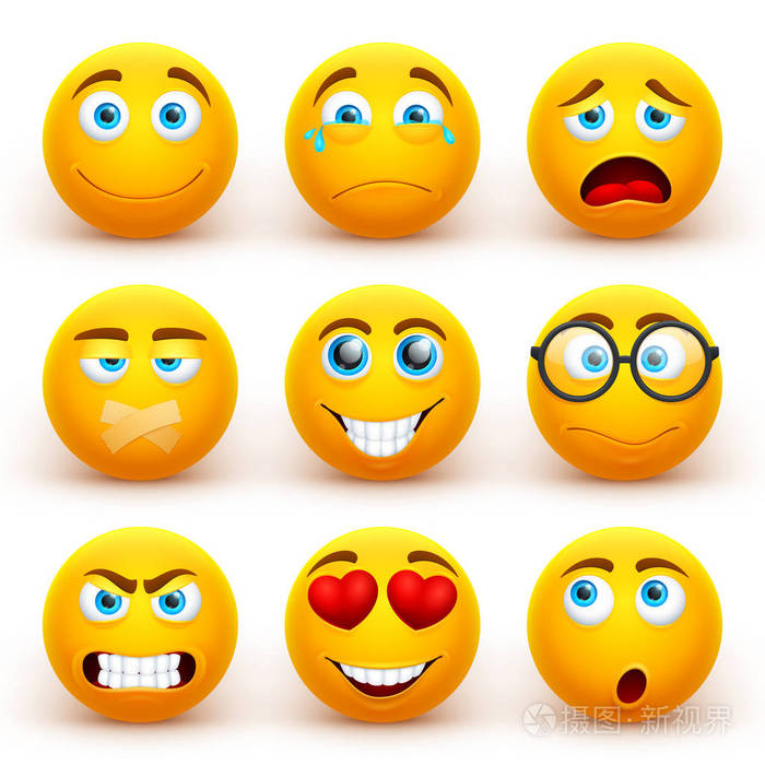 黄色3d 图释矢量集.带有不同表达式的滑稽笑脸图标