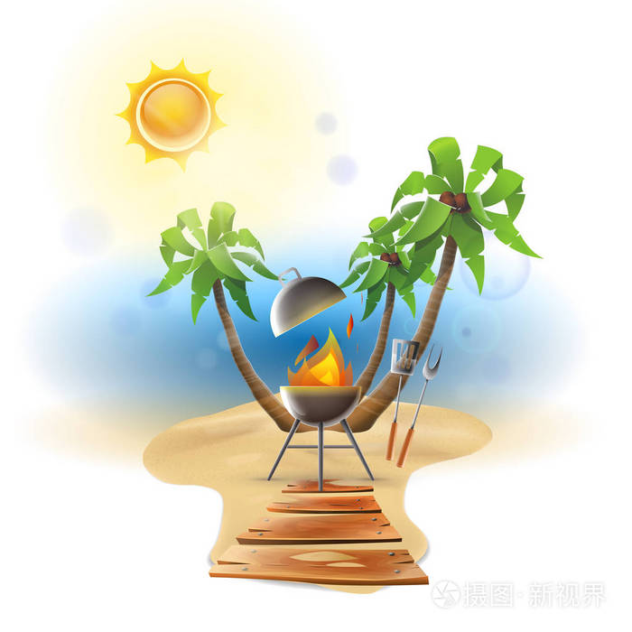 沙滩烧烤派对阳光明媚的一天在阳光明媚的海滩上烧烤和用具矢量图像