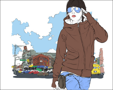女孩甜时尚街头背景上。矢量插画
