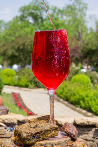 在阳光明媚的夏日摩尔达维亚酒厂外的葡萄酒喷泉美景