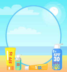 展示和平海滨的海报。不同的 spf suncreen 洗剂的矢量例证在沙子平静的海和蓝天背景下