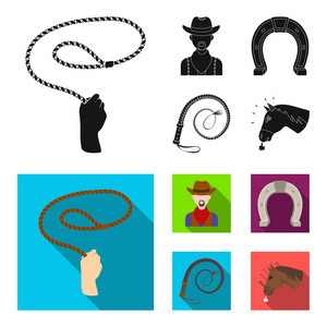 手套索, 牛仔, 马蹄, 鞭子。牛仔套装集合图标黑色, 平面式矢量符号股票插画网站