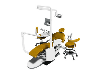 现代金黄牙科椅子与白色插入与显示器在三脚架与二个椅子3d 渲染在白色背景无阴影