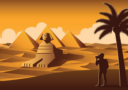 游客拍照名为金字塔的著名地方, 日落时埃及的地标, 黄色的颜色样式, 矢量插图