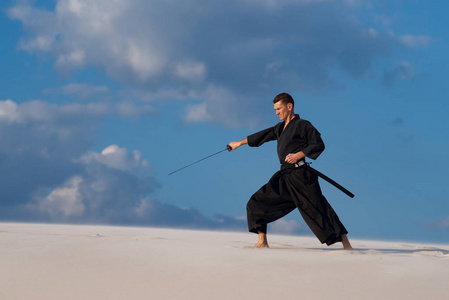 果断的人, 在传统的日本服装用剑, 武士刀, 是训练武术在沙漠期间日落