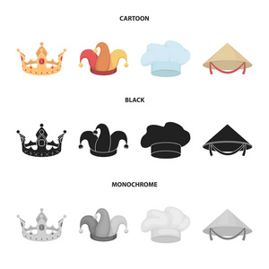 皇冠, 小丑帽, 库克, 锥。帽子集合图标在卡通, 黑色, 单色风格矢量符号股票插画网站