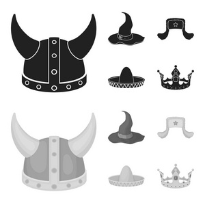 草帽, 帽子与耳朵襟翼, 维京人的头盔。帽子集合图标黑色, monochrom 风格矢量符号股票插画网站