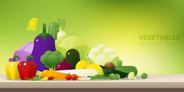 木桌上的新鲜蔬菜, 健康的食物背景, 矢量, 插图