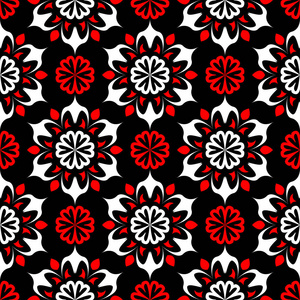 黑红白花无缝图案。墙纸, 纺织面料背景