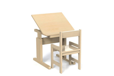 儿童的小木桌和椅子。可调节的高度和椅子与扶手在白色背景的学校书桌。孤立。渲染3d 模型