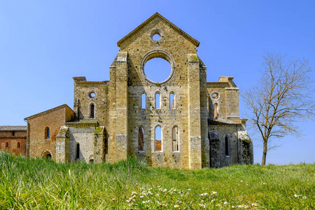 古修道院的圣 Galgano, 是一个 mirable 的例子罗马式建筑在托斯卡纳。Chiusdino, 锡耶纳, 意大利