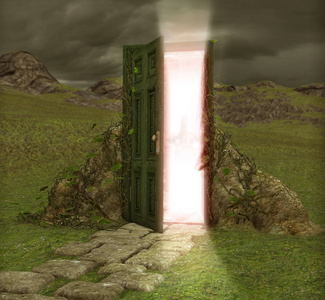 古老的书与魔法世界的大门具有六角型空间的火热发光魔法星际之门在