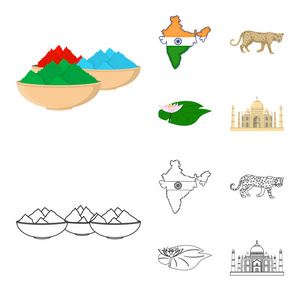 印度乡村卡通, 大纲图标在集合中设计。印度和地标矢量符号股票网页插图