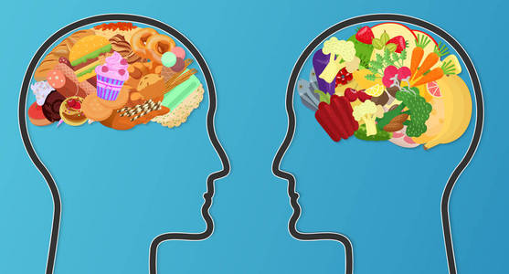 矢量不健康垃圾食品与健康饮食比较。食品脑现代概念