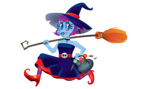 一个运行可爱的女巫, 手里拿着一碗糖果和一个魔法扫帚。孤立