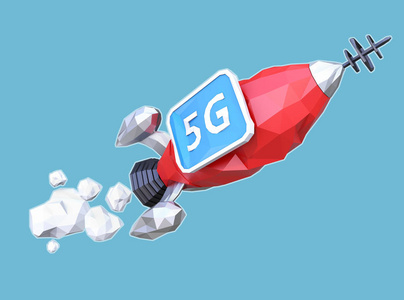 在蓝色背景下发射带有显示器的多边形火箭。5g 概念。3d 渲染图像