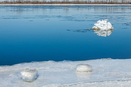 碎冰与河冰山包春天在河上。那天阳光明媚春天景观特写冰漂在河上