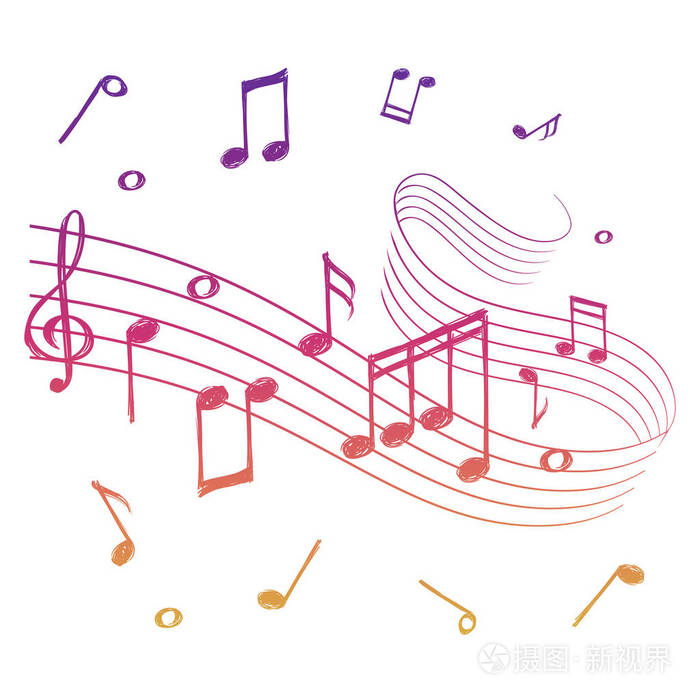 彩色音乐声波与音乐音符的素描.矢量音乐背景