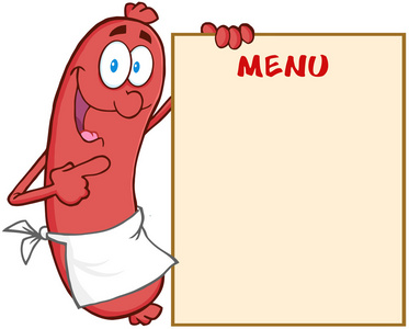 显示菜单的香肠卡通吉祥物形象照片