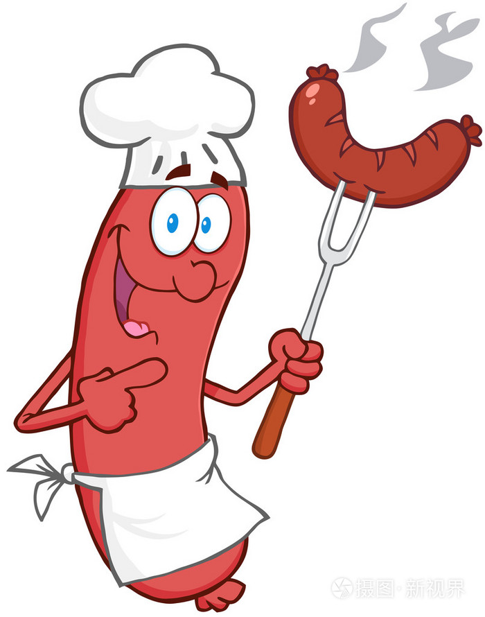 香肠厨师卡通吉祥物形象与香肠上叉