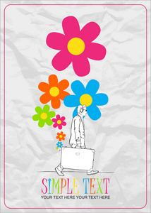 一名男子用旅行袋和鲜花的抽象矢量插图
