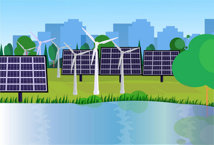 城市公园清洁能源风力涡轮机太阳能板河绿色草坪树城市建筑模板背景平面