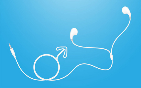 耳机耳塞型白颜色和男性性别符号从蓝色渐变背景上的电缆隔离而成, 具有复制空间