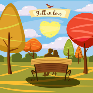 秋天的风景, 长凳, 可爱的情侣相爱, 心, 树和落叶, 相似, 矢量插画, 卡通风格, 孤立