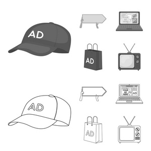 棒球帽, 指针在手, 笔记本电脑, 购物袋。广告, 设置集合图标的轮廓, 单色风格矢量符号股票插画网站