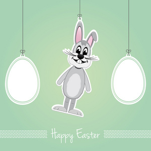 快乐复活节灰色兔子鸡蛋绿色背景