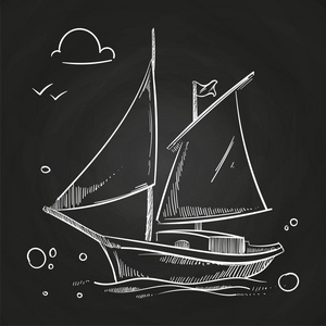 在黑板上手绘小船.海洋涂鸦中的白色矢量帆船照片