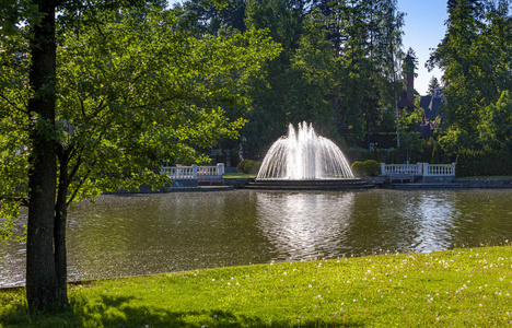湖上夏日公园的喷泉
