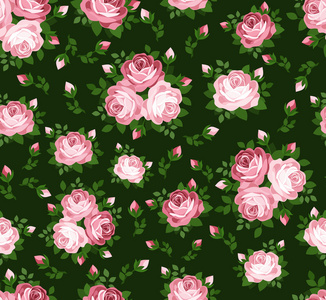 与粉红玫瑰在绿色的无缝模式。矢量插画