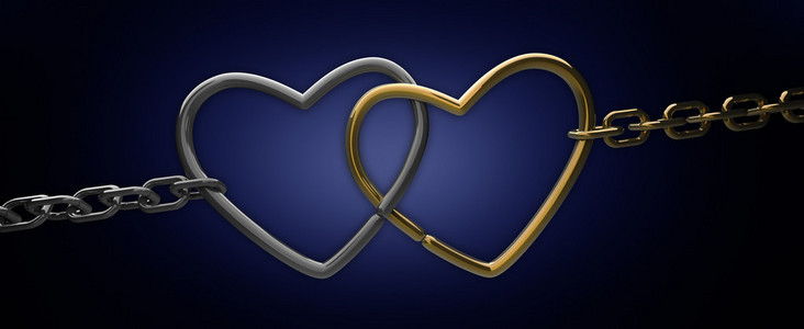 链的两个心在蓝色 3d 呈现