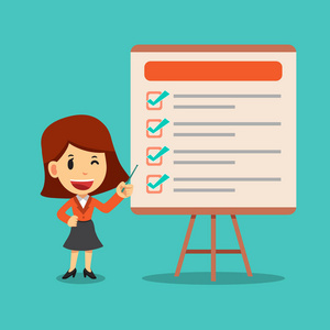 矢量卡通女实业家和在设计板上完成的检查表照片