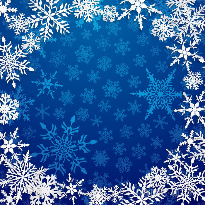 蓝色背景下带有阴影的大白雪花圆形框架的圣诞插图插画-正版商用图片