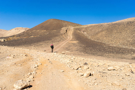 从以色列南部的雷蒙火山口沙漠徒步旅行