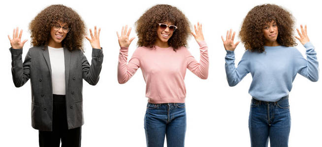 非洲裔美国年轻女子穿着不同的服装显示和指向九的手指, 而微笑着自信和快乐