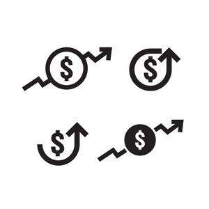美元增加图标集。货币符号与箭头伸展上升。业务成本销售图标。矢量插图