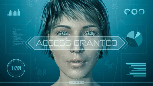 一个女孩脸的三维模型与一个未来的软件接口