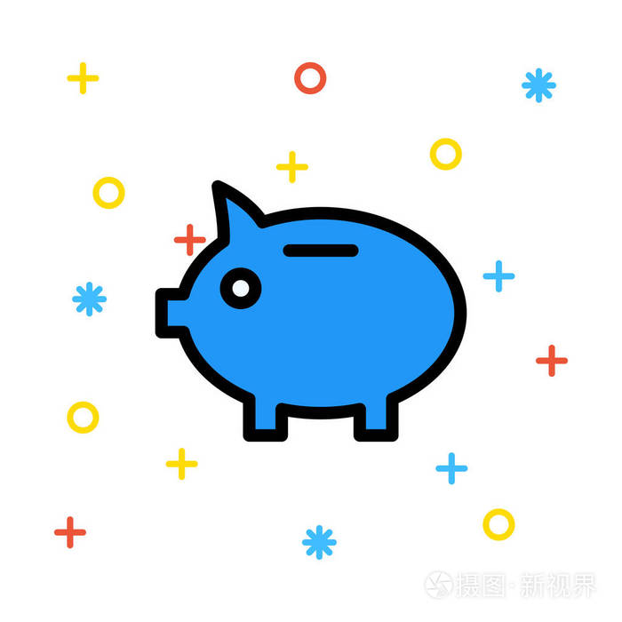 蓝色小猪银行在白色背景与五颜六色的标志