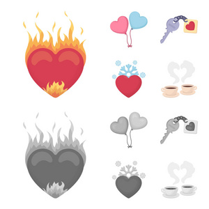 热的心, 气球, 一把钥匙带着魅力, 一颗冰冷的心。浪漫集合图标在卡通, 单色风格矢量符号股票插画网站