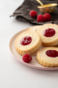 传统圣诞 Linzer 饼干, 在盘子上, 特写, 复制空间的甜果酱