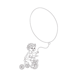 矢量扁男童骑自行车热气球